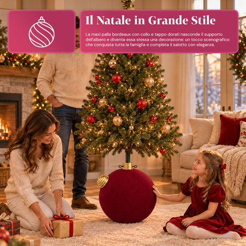 Giant Ball-Shaped Christmas Tree Base with Velvet Effect 41x41x44 cm for Trees up to 180 cm - Base Cover with Ø 4 cm Attachment, Burgundy Red or Green