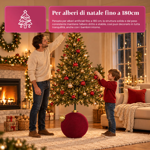 Giant Ball-Shaped Christmas Tree Base with Velvet Effect 41x41x44 cm for Trees up to 180 cm - Base Cover with Ø 4 cm Attachment, Burgundy Red or Green