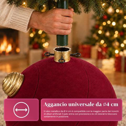 Giant Ball-Shaped Christmas Tree Base with Velvet Effect 41x41x44 cm for Trees up to 180 cm - Base Cover with Ø 4 cm Attachment, Burgundy Red or Green