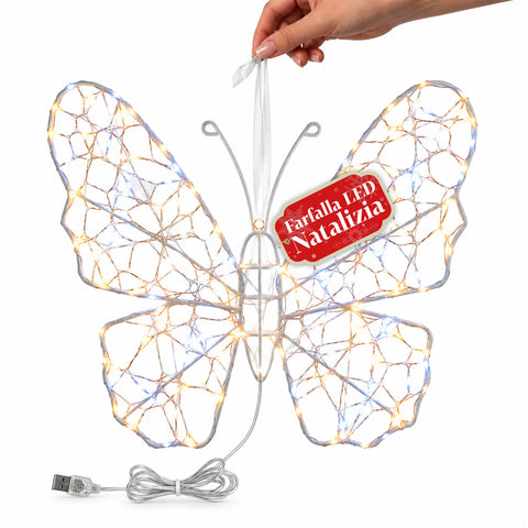 White LED Light-Up Butterfly 50x40 cm – Decorative Iron Lamp with Gold Wire, Warm and Cool White Lights, USB Power and Hook