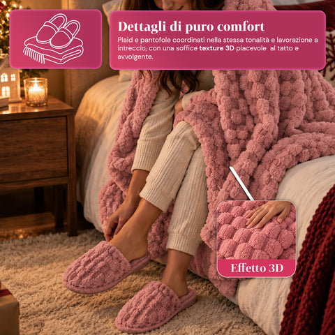 Soft and Cozy Blanket and Slipper Set | Soft Throw 130x160 cm, One-Size Slippers, 4 Colors