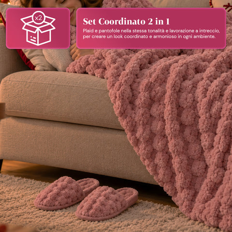 Soft and Cozy Blanket and Slipper Set | Soft Throw 130x160 cm, One-Size Slippers, 4 Colors