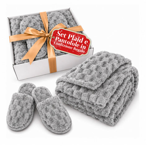 Soft and Cozy Blanket and Slipper Set | Soft Throw 130x160 cm, One-Size Slippers, 4 Colors