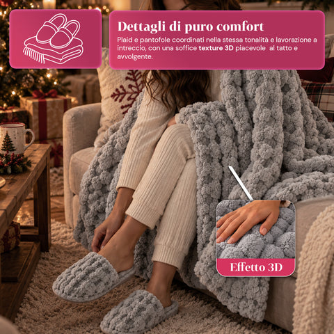 Soft and Cozy Blanket and Slipper Set | Soft Throw 130x160 cm, One-Size Slippers, 4 Colors