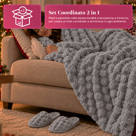 Soft and Cozy Blanket and Slipper Set | Soft Throw 130x160 cm, One-Size Slippers, 4 Colors