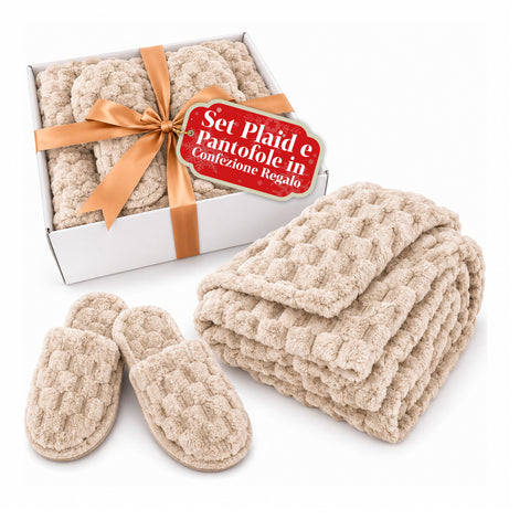 Soft and Cozy Blanket and Slipper Set | Soft Throw 130x160 cm, One-Size Slippers, 4 Colors