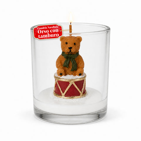 Christmas Candle in a 7 cm Glass Holder - Teddy Bear with Santa Hat or Bear on a Drum - Decoration and Table Centerpiece