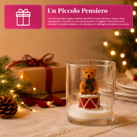 Christmas Candle in a 7 cm Glass Holder - Teddy Bear with Santa Hat or Bear on a Drum - Decoration and Table Centerpiece