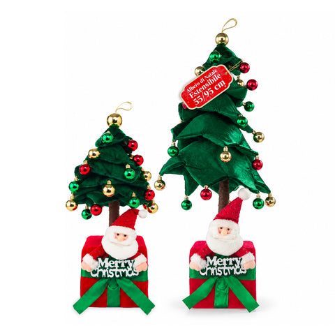Expandable Decorative Christmas Tree, 95 cm and 90 cm, in Polyester, with Gift-Box Base and Red, Green, and Gold Baubles - 3 Color Variants