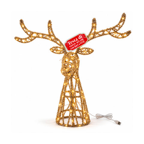 Gold Glitter LED Light-Up Deer, Christmas Decoration in Iron and Polyethylene, Warm USB-Powered Light, 3 Sizes: 65, 85 and 110 cm