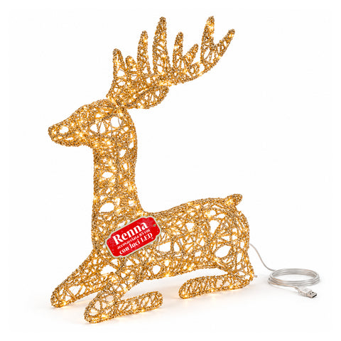 Gold Glitter LED Light-Up Deer, Christmas Decoration in Iron and Polyethylene, Warm USB-Powered Light, 3 Sizes: 65, 85 and 110 cm