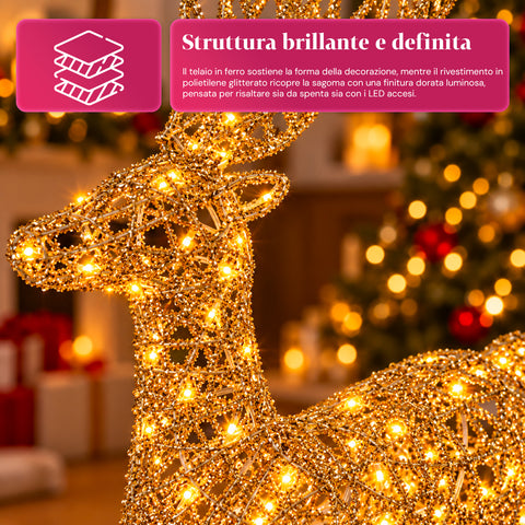 Gold Glitter LED Light-Up Deer, Christmas Decoration in Iron and Polyethylene, Warm USB-Powered Light, 3 Sizes: 65, 85 and 110 cm