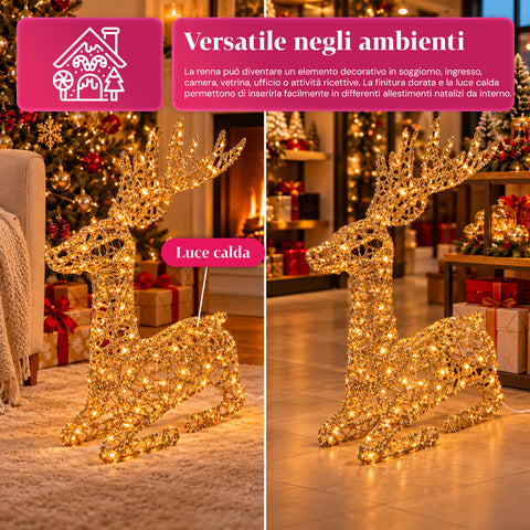 Gold Glitter LED Light-Up Deer, Christmas Decoration in Iron and Polyethylene, Warm USB-Powered Light, 3 Sizes: 65, 85 and 110 cm