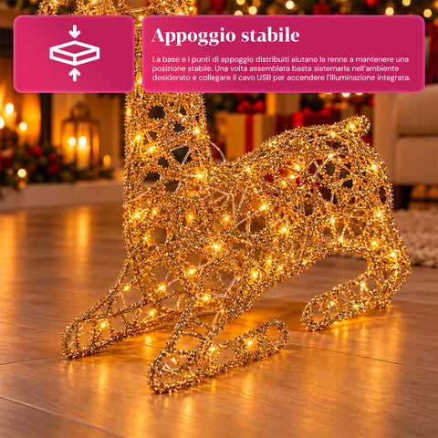 Gold Glitter LED Light-Up Deer, Christmas Decoration in Iron and Polyethylene, Warm USB-Powered Light, 3 Sizes: 65, 85 and 110 cm