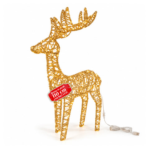 Gold Glitter LED Light-Up Deer, Christmas Decoration in Iron and Polyethylene, Warm USB-Powered Light, 3 Sizes: 65, 85 and 110 cm