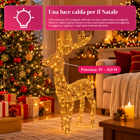 Gold Glitter LED Light-Up Deer, Christmas Decoration in Iron and Polyethylene, Warm USB-Powered Light, 3 Sizes: 65, 85 and 110 cm