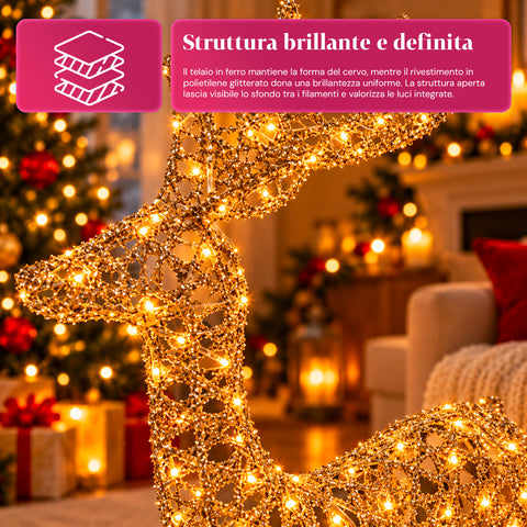 Gold Glitter LED Light-Up Deer, Christmas Decoration in Iron and Polyethylene, Warm USB-Powered Light, 3 Sizes: 65, 85 and 110 cm