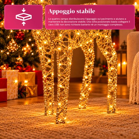Gold Glitter LED Light-Up Deer, Christmas Decoration in Iron and Polyethylene, Warm USB-Powered Light, 3 Sizes: 65, 85 and 110 cm
