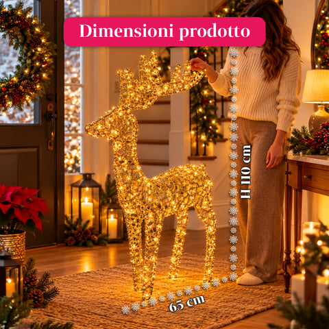 Gold Glitter LED Light-Up Deer, Christmas Decoration in Iron and Polyethylene, Warm USB-Powered Light, 3 Sizes: 65, 85 and 110 cm