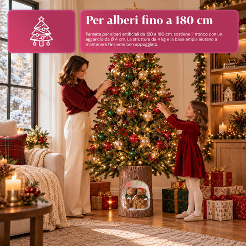 Christmas Tree Trunk Base with Animated LEDs and 3D Characters for Trees up to 180 cm - Iron and Magnesium Base Cover with Ø 4 cm Attachment
