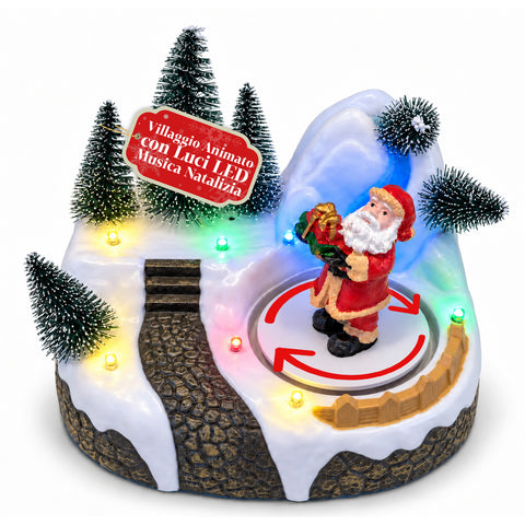 Illuminated Christmas Village with Rotating Element, LED Lights and Music – 3 Variants: Tree, Santa Claus, Children – 17x14x15 cm