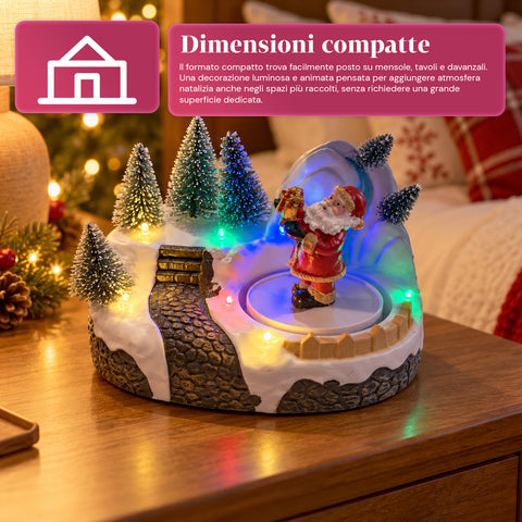 Illuminated Christmas Village with Rotating Element, LED Lights and Music – 3 Variants: Tree, Santa Claus, Children – 17x14x15 cm
