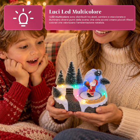 Illuminated Christmas Village with Rotating Element, LED Lights and Music – 3 Variants: Tree, Santa Claus, Children – 17x14x15 cm