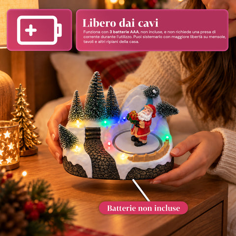 Illuminated Christmas Village with Rotating Element, LED Lights and Music – 3 Variants: Tree, Santa Claus, Children – 17x14x15 cm
