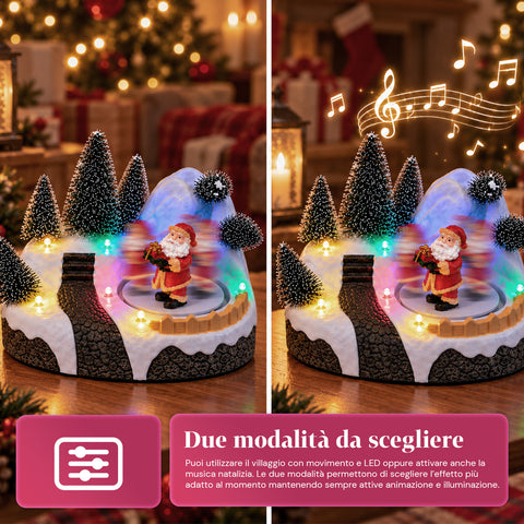 Illuminated Christmas Village with Rotating Element, LED Lights and Music – 3 Variants: Tree, Santa Claus, Children – 17x14x15 cm
