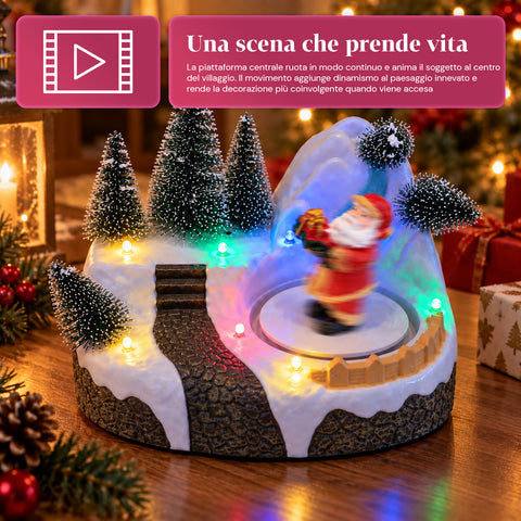 Illuminated Christmas Village with Rotating Element, LED Lights and Music – 3 Variants: Tree, Santa Claus, Children – 17x14x15 cm