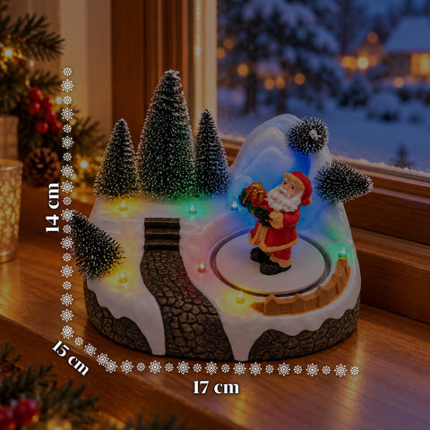 Illuminated Christmas Village with Rotating Element, LED Lights and Music – 3 Variants: Tree, Santa Claus, Children – 17x14x15 cm