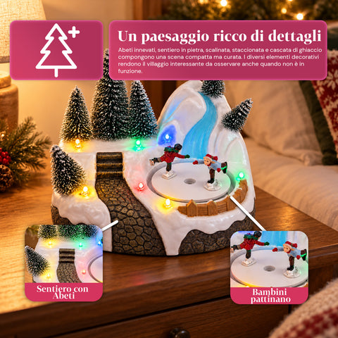 Illuminated Christmas Village with Rotating Element, LED Lights and Music – 3 Variants: Tree, Santa Claus, Children – 17x14x15 cm