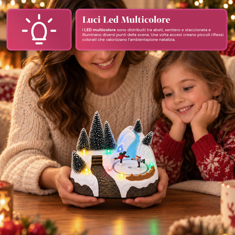 Illuminated Christmas Village with Rotating Element, LED Lights and Music – 3 Variants: Tree, Santa Claus, Children – 17x14x15 cm