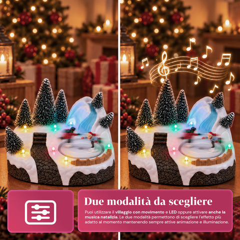 Illuminated Christmas Village with Rotating Element, LED Lights and Music – 3 Variants: Tree, Santa Claus, Children – 17x14x15 cm