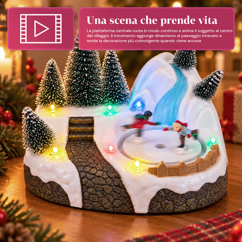 Illuminated Christmas Village with Rotating Element, LED Lights and Music – 3 Variants: Tree, Santa Claus, Children – 17x14x15 cm