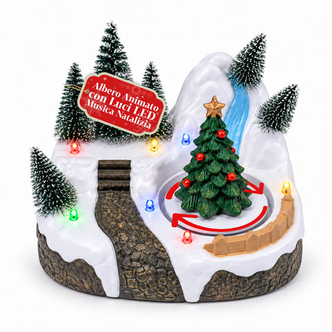 Illuminated Christmas Village with Rotating Element, LED Lights and Music – 3 Variants: Tree, Santa Claus, Children – 17x14x15 cm