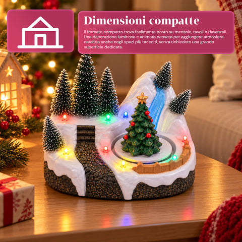 Illuminated Christmas Village with Rotating Element, LED Lights and Music – 3 Variants: Tree, Santa Claus, Children – 17x14x15 cm