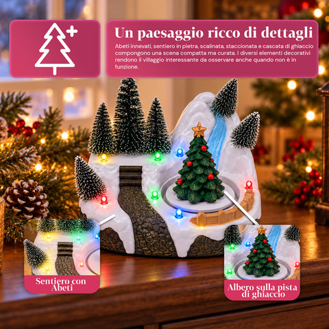 Illuminated Christmas Village with Rotating Element, LED Lights and Music – 3 Variants: Tree, Santa Claus, Children – 17x14x15 cm