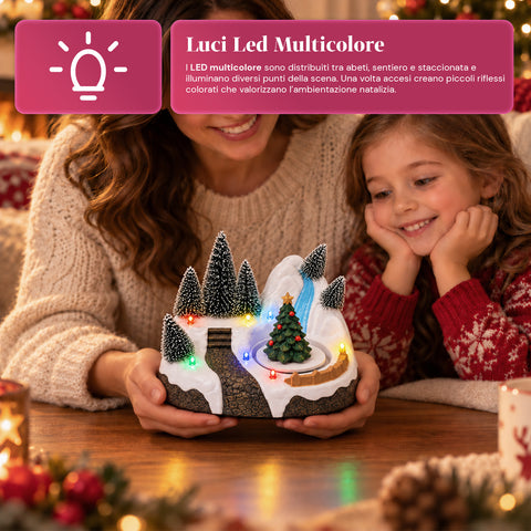 Illuminated Christmas Village with Rotating Element, LED Lights and Music – 3 Variants: Tree, Santa Claus, Children – 17x14x15 cm