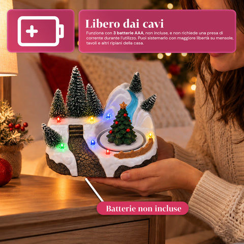 Illuminated Christmas Village with Rotating Element, LED Lights and Music – 3 Variants: Tree, Santa Claus, Children – 17x14x15 cm