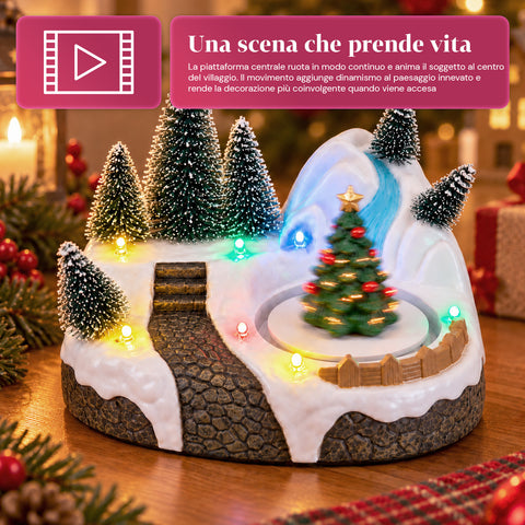 Illuminated Christmas Village with Rotating Element, LED Lights and Music – 3 Variants: Tree, Santa Claus, Children – 17x14x15 cm