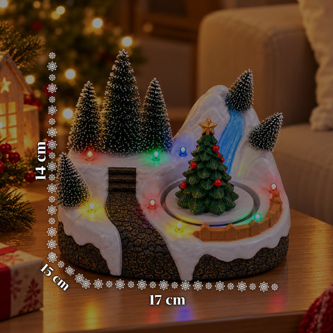 Illuminated Christmas Village with Rotating Element, LED Lights and Music – 3 Variants: Tree, Santa Claus, Children – 17x14x15 cm