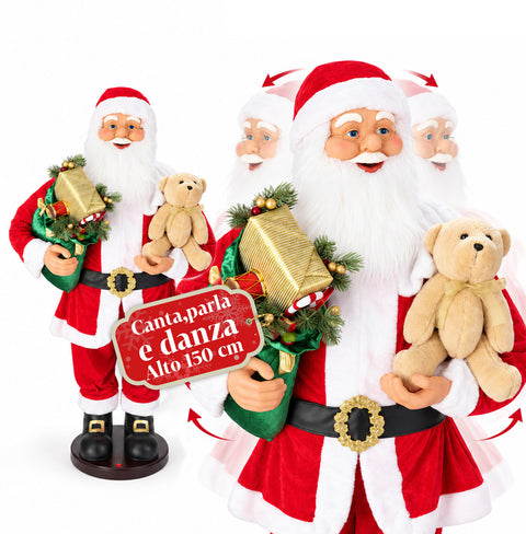 Dancing Santa Claus 150 cm with Music, Singing and Movement - Indoor Christmas Decoration with Button, 38 cm Base, Red