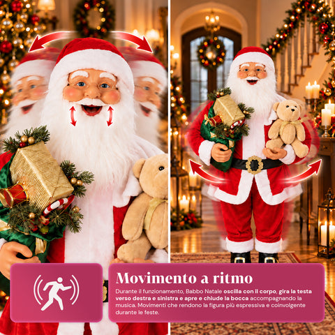 Dancing Santa Claus 150 cm with Music, Singing and Movement - Indoor Christmas Decoration with Button, 38 cm Base, Red