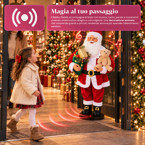 Dancing Santa Claus 150 cm with Music, Singing and Movement - Indoor Christmas Decoration with Button, 38 cm Base, Red