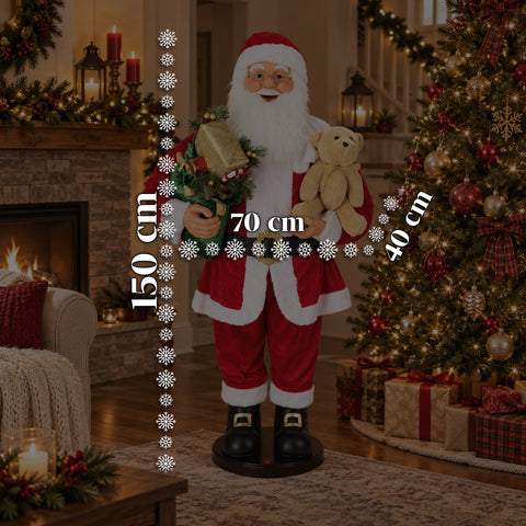 Dancing Santa Claus 150 cm with Music, Singing and Movement - Indoor Christmas Decoration with Button, 38 cm Base, Red