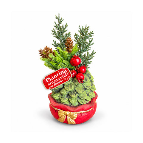 Ornamental mini tree 20 cm, Christmas table decoration with pinecones, red berries, and a raised bow, 2 variants in red and gold