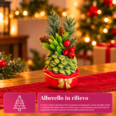 Ornamental mini tree 20 cm, Christmas table decoration with pinecones, red berries, and a raised bow, 2 variants in red and gold