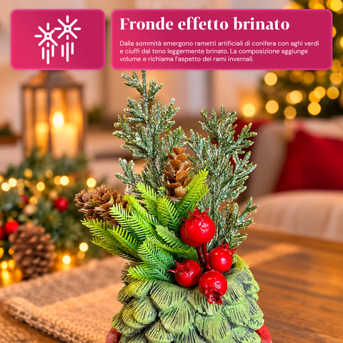 Ornamental mini tree 20 cm, Christmas table decoration with pinecones, red berries, and a raised bow, 2 variants in red and gold