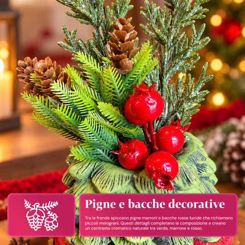 Ornamental mini tree 20 cm, Christmas table decoration with pinecones, red berries, and a raised bow, 2 variants in red and gold
